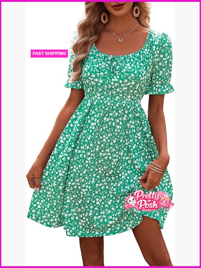 Polyester Spandex Square Neck Puff Sleeve Tie Front Knee Length Dress